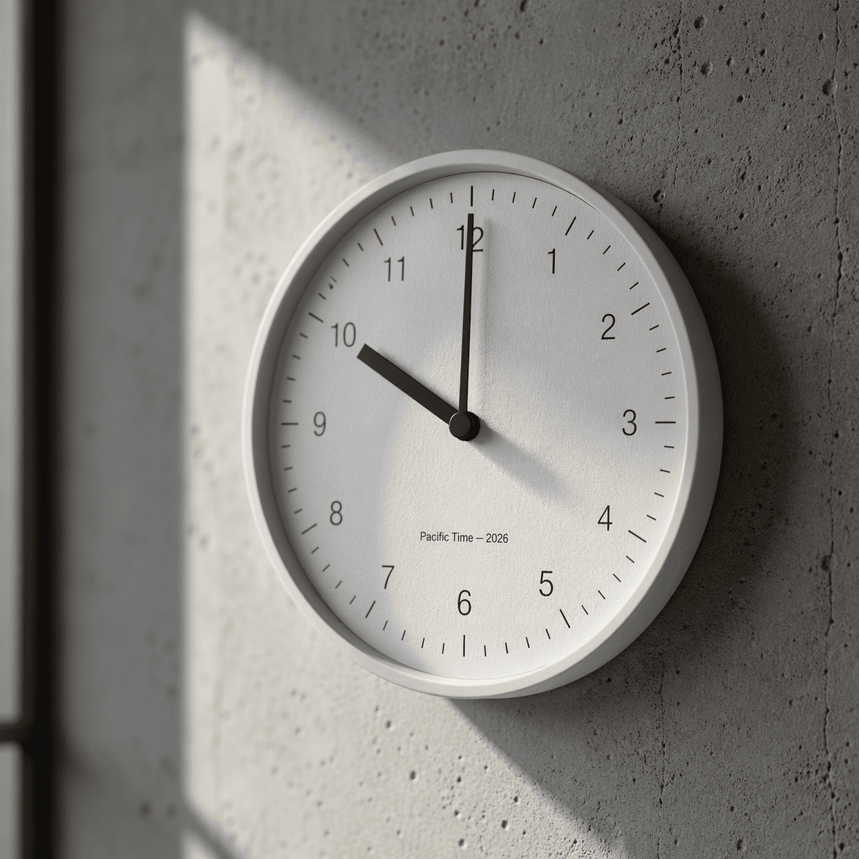 A photorealistic close-up of an analog wall clock reading exactly 10:00 AM with dramatic natural light.