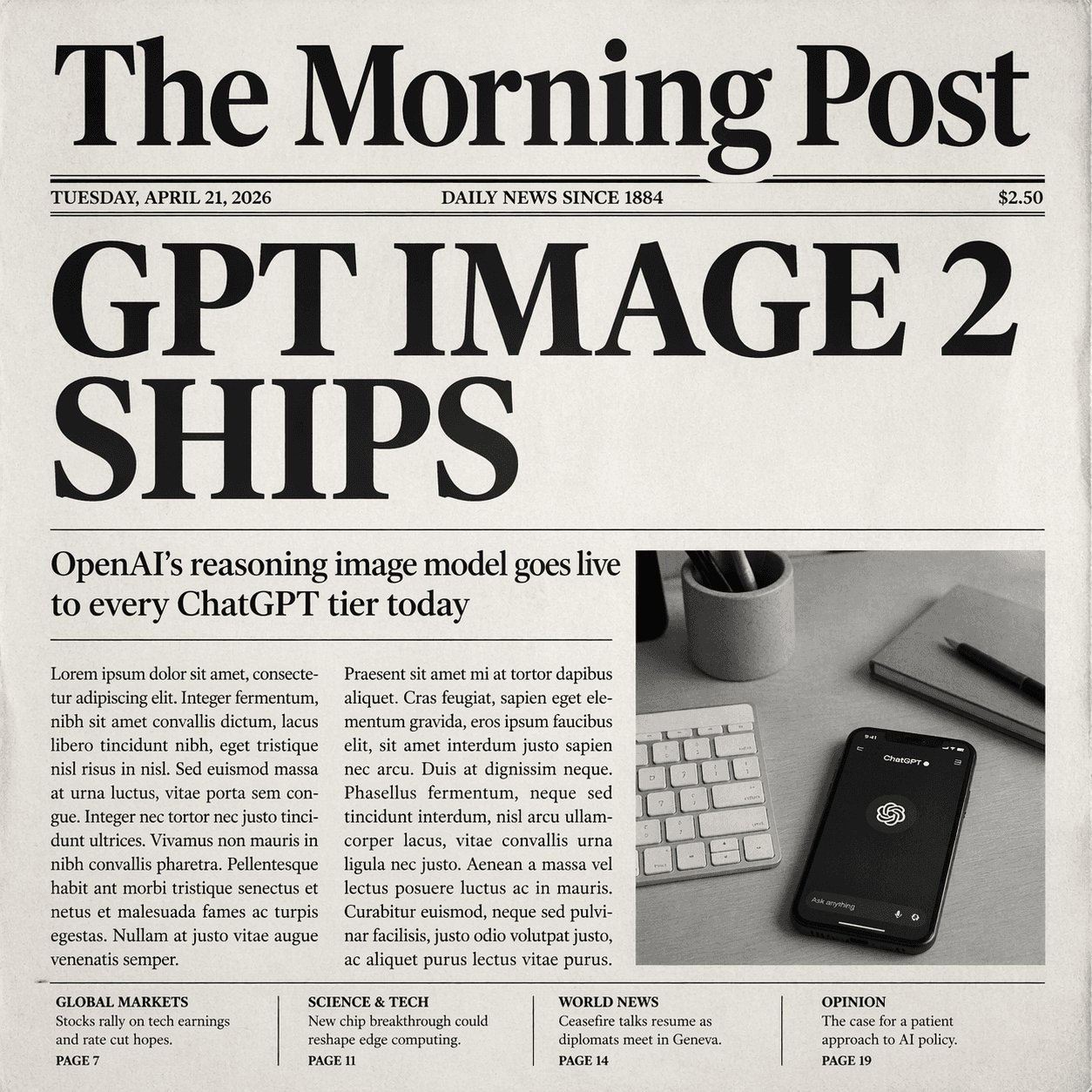 A full-page newspaper front cover with the bold headline 'GPT IMAGE 2 SHIPS', dated April 21, 2026.
